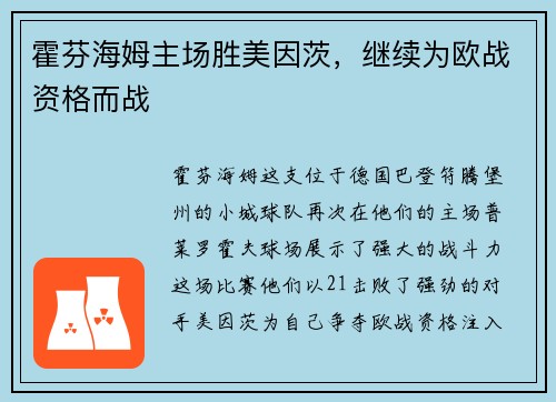 霍芬海姆主场胜美因茨，继续为欧战资格而战