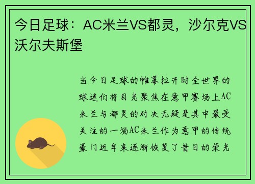 今日足球：AC米兰VS都灵，沙尔克VS沃尔夫斯堡