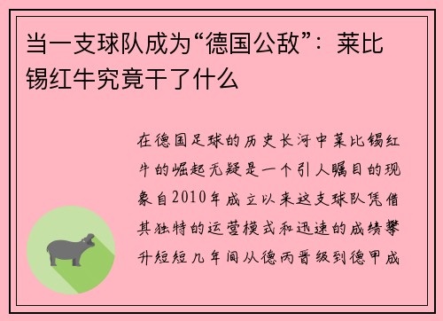当一支球队成为“德国公敌”：莱比锡红牛究竟干了什么