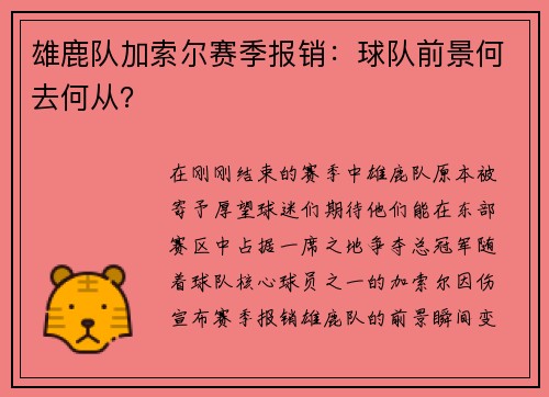 雄鹿队加索尔赛季报销：球队前景何去何从？