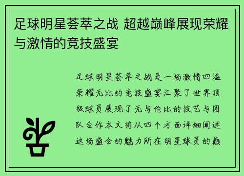 足球明星荟萃之战 超越巅峰展现荣耀与激情的竞技盛宴