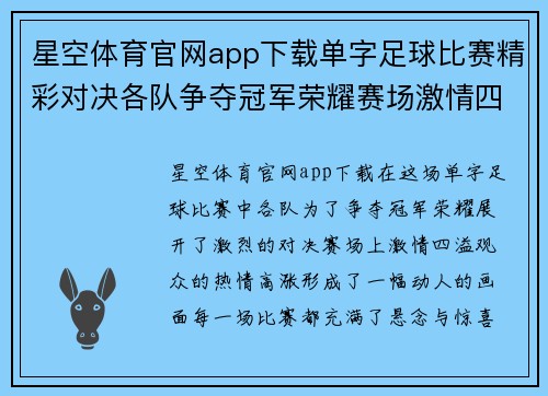 星空体育官网app下载单字足球比赛精彩对决各队争夺冠军荣耀赛场激情四溢观众热情高涨