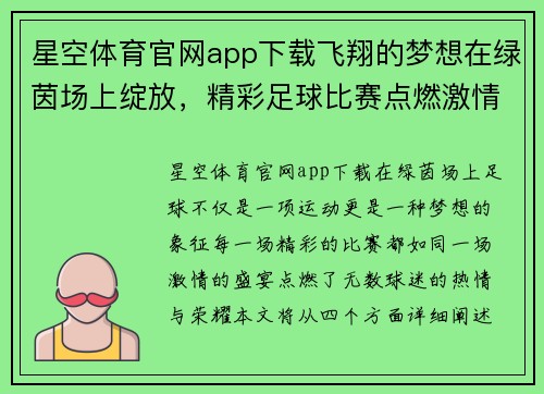 星空体育官网app下载飞翔的梦想在绿茵场上绽放，精彩足球比赛点燃激情与荣耀