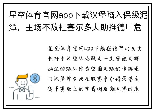 星空体育官网app下载汉堡陷入保级泥潭，主场不敌杜塞尔多夫助推德甲危机